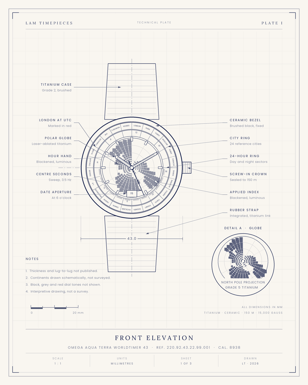 Omega Aqua Terra Worldtimer — front elevation